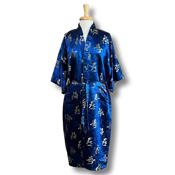 Vintage | Intimates & Sleepwear | Blue Satin Vintage Asian Robe With Gold  Embroidery One Size Fits Most Unisex | Poshmark